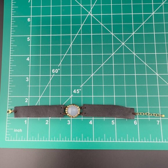 Artisan Handmade Leather Strap Bead Chaledoncy Stone 14k Gold Filled Bracelet - Picture 6 of 7